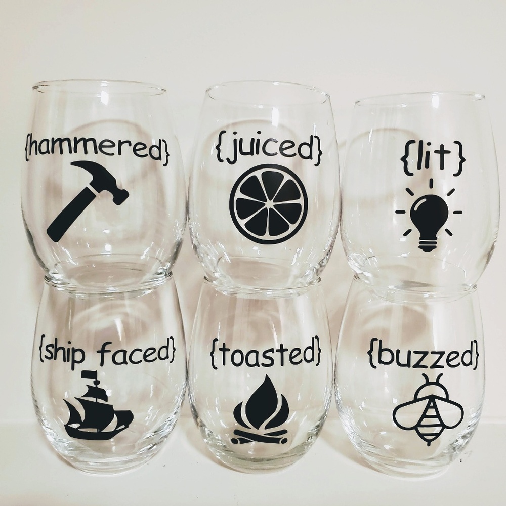 6 Adult Humor Hand Made Stemless Wine Glasses